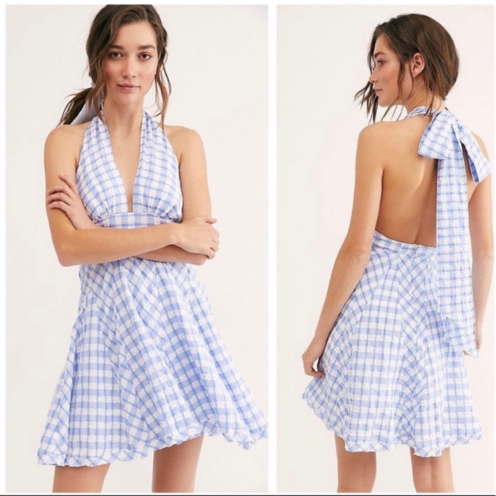 Free People Halter Dress Blue and White Checkered
